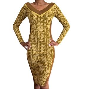 Fashion Nova Mustard and Brown Long Sleeve Dress